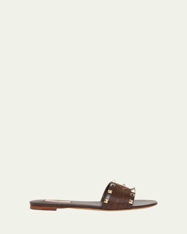 Rockstud Raffia Flat Slide Sandals